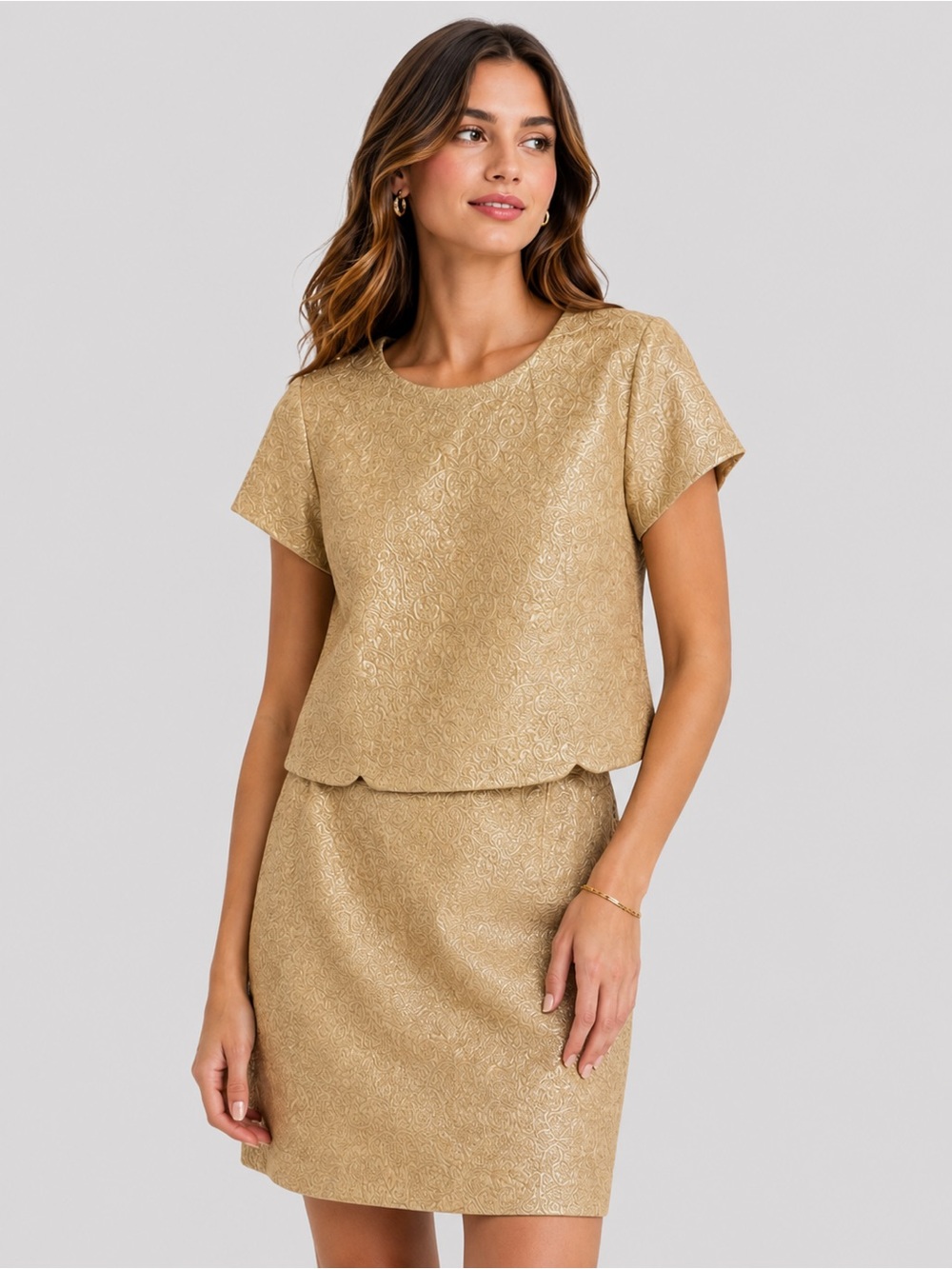 Tory Burch Gold Metallic Jacquard Short Sleeve Shift Dress